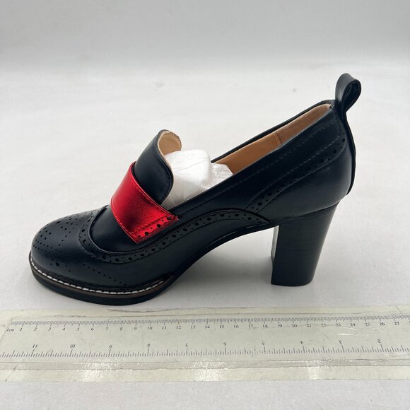 YDN Black/Red Chunky High Heels Round Toe Oxford Loafer Dress Shoe - Picture 2 of 8